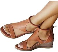 BBPM Ladies Faux Leather Peep Toe Buckle Sling Back Low Wedge Summer Sandals Buckle Casual Single Wedge Heel Sandals Beach Shoe Kid Memory Foam,Brown,EU43/US11