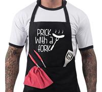 BBQ Aprons for Men, Funny Cooking BBQ Apron in Black Cotton, Adjustable with 2 Pockets, Birthday, Christmas, Cooking Gifts for dad, chef, husband, him - Prick with a Fork