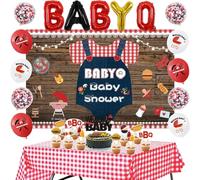BBQ Baby Shower Decorations, Baby Q Party Decorations with Barbecue Themed Baby Shower Backdrop, Red Checked Tablecloth, Baby Q Cupcake Toppers Foil balloons for Picnic Party Decor