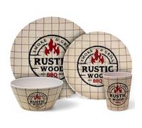 BBQ Barbecue 16pc Melamine Dinner Set - Plates Bowls Tumblers - Rustic Wood