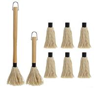 BBQ Basting Mop With Wooden Handle - Grill Brush For Sauce, Dishwasher Safe, Includes 6 Replacement Mop Heads For BBQ, Long Handle Basting Brush For Grilling(D)