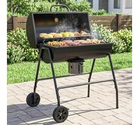 BBQ Charcoal Grill Barrel Barbecue Portable Trolley Thermometer Warming Rack