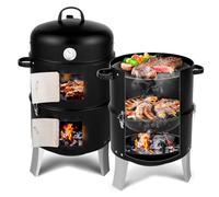 BBQ Charcoal Smoker Grill with Integrated Thermometer, Portable Outdoor Barbecue, Adjustable Vents, Chrome Plated Grates, Barbecue Ideal for Smoke or Steam Cooking - Barrel