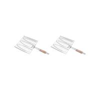 BBQ Fish Grill Net Barbecue Grilling Fish Rack Non-Stick Triple Fish Grilling Basket Wood Handle Barbecue Tool 2 Pcs