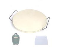 BBQ Future 14 inch Pizza Baking Stone for Big Green Egg Large & Kamado Grill - Ceramic Pizza Stone with Stainless Steel Wire Frame & Plastic Scraper, Heavy Duty Heat Deflector for Outdoor Cooking