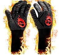 BBQ Gloves, 800℃ Upgraded Heat Resistant Oven Gloves with Fingers, Fireproof Gloves Heat Proof Oven Mitts with Non-Slip Silicone for Kitchen, Grilling, Baking, Microwave- Black