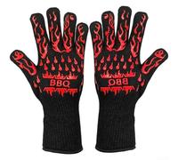 BBQ Gloves Set of 2 with Triple Layer Construction Silicone Strips Aramid Fiber and Cotton Lining for High Heat Oven and Grill Use (Red)