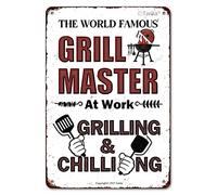 BBQ Grill Barbecue Vintage Tin Sign The World Famous Grill Master At Work Grilling And Chilling, Retro Metal Poster Art Wall Home Decor 8x12 Inches Indoor/Outdoor Use