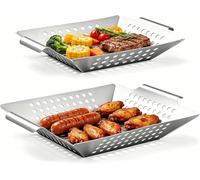 BBQ Grill Basket 2 Pack, Stainless Steel Vegetable Roaster with Fine Mesh for Barbecue Veggies Seafood Kebabs