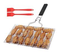 BBQ Grill Basket with Basting Brush & Removable Handle, 32 x 21.5 cm Stainless Steel Foldable Fish Grilling Tray, Portable Barbecue Rack for Roast Steak, Vegetables, Shrimp, Meat, Salmon