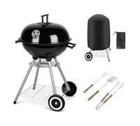 BBQ Grill Patio Portable Charcoal BBQ Kettle with Cover & Cooking Utensils Tools, heels Stand Garden Camping Caravan Outdoor Barbecue Ball Rounded Bbq on wheels Black 43.5 cm Stainless Steel