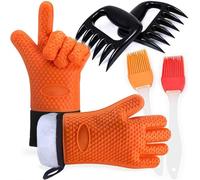 BBQ Grilling Gloves Heat Resistant with Bear Claw Meat Claws and Silicone Basting Brush, Waterproof Non-slip Potholder with Extended Protection for Barbecue Cooking Baking Oven by Amison - Orange