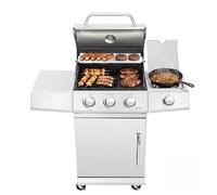 BBQ Kingdom 3+1 Burner Gas BBQ Grill - Stainless Steel Garden Grill | Propane Barbecue with Side Burner, Cast Iron Cooking Plate, Wheeled Base, Enclosed Cabinet, Side Shelves & Weather Cover