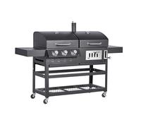 BBQ Kingdom Dual Fuel Gas and Charcoal Barbecue Grill, Large BBQ with 3 Burners, Mobile Cart with Wheels, Side Tables, Storage Shelf, Warming Racks, Adjustable Height, Chimney, Black, Cover & Hose