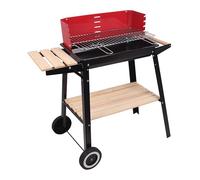 BBQ Kingdom Portable Charcoal BBQ Grill, Red and Black, Wheeled Stand with Wooden Side Shelf and Lower Storage Shelf, Adjustable Cooking Heights, Windshield, Outdoor Garden Barbecue
