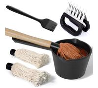 BBQ Mop Brush and BBQ Sauce Pan, 11-Piece Value Set, includes insulated cast iron sauce pan 2 wooden long handles 6 replacement brushes, and 2 silicone brushes for grilling all types of ingredients