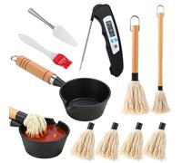 BBQ Mop Brush Set with Cast Iron Sauce Pot, Wooden Handle, Replacement Heads, Meat Thermometer, Silicone Brush, and Spatula for Grilling and Saucing