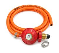 BBQ Propane Regulator Hand Wheel 37mbar + 2 Metre LPG Hose & Clips | Stand the Bottle Clear of the Appliance | Fits Red Bottles 3.9kg to 47kg | Italian-Made, EN 16129