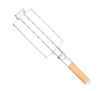 BBQ Sausage Grilling Basket with Wood Handle, Lockable Heavy Duty Iron Rack for Hot Dogs, Bratwurst & Fish, Portable Barbecue Tool for Camping, Picnic & Outdoor Cooking