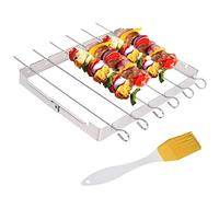 BBQ Skewers Stainless Steel Kebab Rack, 6 Kebab Skewers with Foldable Grill Rack Metal Barbecue Accessories with Oil Brush for Party Picnic Gekufa