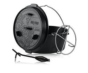 BBQ-Toro Ultimate Dutch Oven With PRO3+ Coating | 9.0 Litres | Cast Iron Pot Without Feet | Preseasoned With PRO3+ Process | Roasting Pan With Lid Lifter | Oven With Pot Stand | Thermometer Slot
