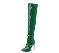 bbruriy Womens Fashion Belt buckle over the knee boots patent leather Pointed toe stiletto High Heels Thigh High Boots Side zipper Long Boots Fall Winter shoes,Green,42