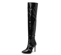 bbruriy Womens Fashion Belt buckle over the knee boots patent leather Pointed toe stiletto High Heels Thigh High Boots Side zipper Long Boots Fall Winter shoes,Black,37
