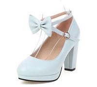 bbruriy Women's Platform Chunky Block Heel Mary Jane Pumps with Bow Cross Ankle Strap Closed Round Toe High Heel Comfortable Wedding Dress Shoes,Blue,38