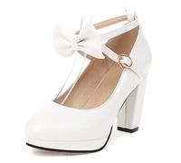 bbruriy Women's Platform Chunky Block Heel Mary Jane Pumps with Bow Cross Ankle Strap Closed Round Toe High Heel Comfortable Wedding Dress Shoes,White,42