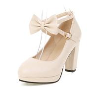 bbruriy Women's Platform Chunky Block Heel Mary Jane Pumps with Bow Cross Ankle Strap Closed Round Toe High Heel Comfortable Wedding Dress Shoes,Beige,41