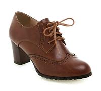 bbruriy Women's Vintage Small Leather Shoes Lolita Shoes Leather Classic Lace Up Chunky Mid Heel Round Toe Oxfords Dress Party Pump Shoes,Brown,40