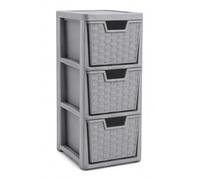 BBSK 3 Drawer Rattan Storage Tower, Plastic Storage Unit with Woven Effect Drawers, Slim Freestanding Cabinet for Bathroom, Bedroom, Living Room & Office, Rattan Grey