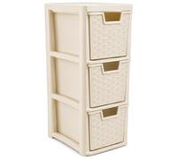 BBSK 3 Drawer Rattan Storage Unit, Cream Plastic Storage Tower with Woven Effect Drawers, Freestanding Slim Storage Organiser for Bathroom, Bedroom, Living Room, Kitchen & Office