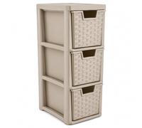 BBSK 3 Drawer Rattan Storage Unit, Plastic Storage Tower with Woven Effect Drawers, Slim Freestanding Storage Organiser for Bathroom, Bedroom, Kitchen & Utility Room, Mushroom