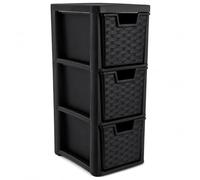 BBSK Black 3 Drawer Rattan Storage Cabinet, Slim Plastic Storage Drawers with Woven Rattan Design, Freestanding Storage Organiser for Bathroom, Kitchen, Bedroom, Office, 47x19x25cm