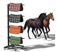 BBTEQEKN 8 Tier Saddle Pad Rack with Stand, Light Portable Saddle Pad Rack, Long Rack Arms Horse Blanket Holder Suitable for Stable, Tack Room, Utility Rooms, Horse Trailers, Black