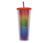 BBTISG 710ml Rivet Cup with Lid and Straw, Double Layer Reusable Ice Coffee Juice Cup for Children Adults Cold for Home, Office, Travel, School (Transparent Rainbow)