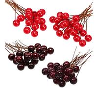 BBTO 100pcs Artificial Holly Berries Mini 10mm Fake Berries on Wire Christmas Tree Decorations Flower Wreath DIY (Dark Red, Red)