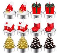 BBTO 12 Pieces Christmas Tealight Candles Handmade Delicate Christmas Candles Pinecone Christmas Hat Stocking House Box Shaped Candle Christmas Home Decoration Candles
