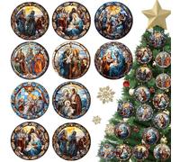 BBTO 16 Pcs Nativity Scene Ornaments Religious Christmas Wooden Hanging 3D Ornament The Birth of Jesus Christian Christmas Decorations for Tree Xmas(Oil Painting)