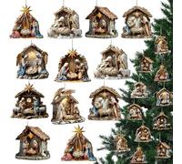 BBTO 16 Pcs Nativity Scene Ornaments Religious Christmas Wooden Hanging 3D Ornament The Birth of Jesus Christian Christmas Decorations for Tree Xmas(Relief)
