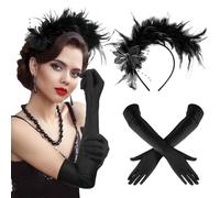 BBTO 2 Pcs 1920s Flapper Headband Accessories Set Feather Fascinator Long Evening Gloves 1920s Feather Headband Bridal Hair Band Opera Gloves for Halloween Women Wedding Prom (Black,Retro Style)