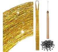 BBTO 200 Strands Hair Tinsel Strands Kit with Tools Extensions Glitter Hair Accessories for Braiding Tinsel for Women Cosplay Party Supplies(Gold)