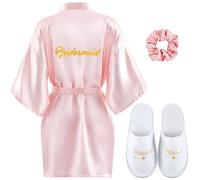 BBTO 3 Pcs Bridesmaid Gifts Set with Pink Bridesmaid Robe Bridesmaid Slippers and Hairband Bridesmaid Satin Dressing Gown V Neck Bridal Morning Robes for Bridal Wedding Party