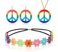 BBTO 3 Pcs Hippie Costume Set Hippie Dressing Accessory Set, Including Daisy Headband, Rainbow Peace Sign Necklace and Earrings 60s Dressing Accessory for Halloween 70s Party