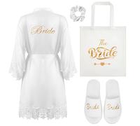 BBTO 4 Pcs Bride to Be Gifts Set Including 1 White Gold Lace Satin Bride Dressing Gown Robe, 1 Pair Non-slip Slippers, 1 Canvas Bag and 1 Soft Hair Scrunchie for Wedding Proposal Bridal Shower(XXL)