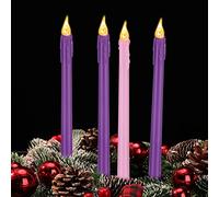 BBTO 4 Pcs Flameless Advent Candles LED Taper Advent Candles 3 Purple and 1 Pink Flickering Fake Candle Sticks Battery Operated for Christmas Catholic Wreath Church Decor(10.8 Inches,Teardrop Style)