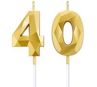 BBTO 40th Birthday Number Candles 3D Diamond Shape Cake Candles Number 40 Cake Topper Decoration for Birthday Wedding Anniversary Celebration Supplies, Gold,5 centimeters