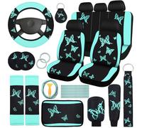BBTO 43 Pcs Butterfly Car Seat Full Set Butterfly Car Accessories for Women 5 Front Rear Seat Covers Wrist Strap 2 Pcs Cup Mat Armrest Pad 2 Belt Cover Accessories for SUV(Mint Green, Black)