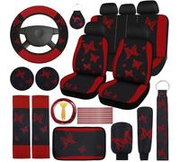 BBTO 43 Pcs Butterfly Car Seat Full Set Butterfly Car Accessories for Women 5 Front Rear Seat Covers Wrist Strap 2 Pcs Cup Mat Armrest Pad 2 Belt Cover Accessories for SUV(Dark Red)